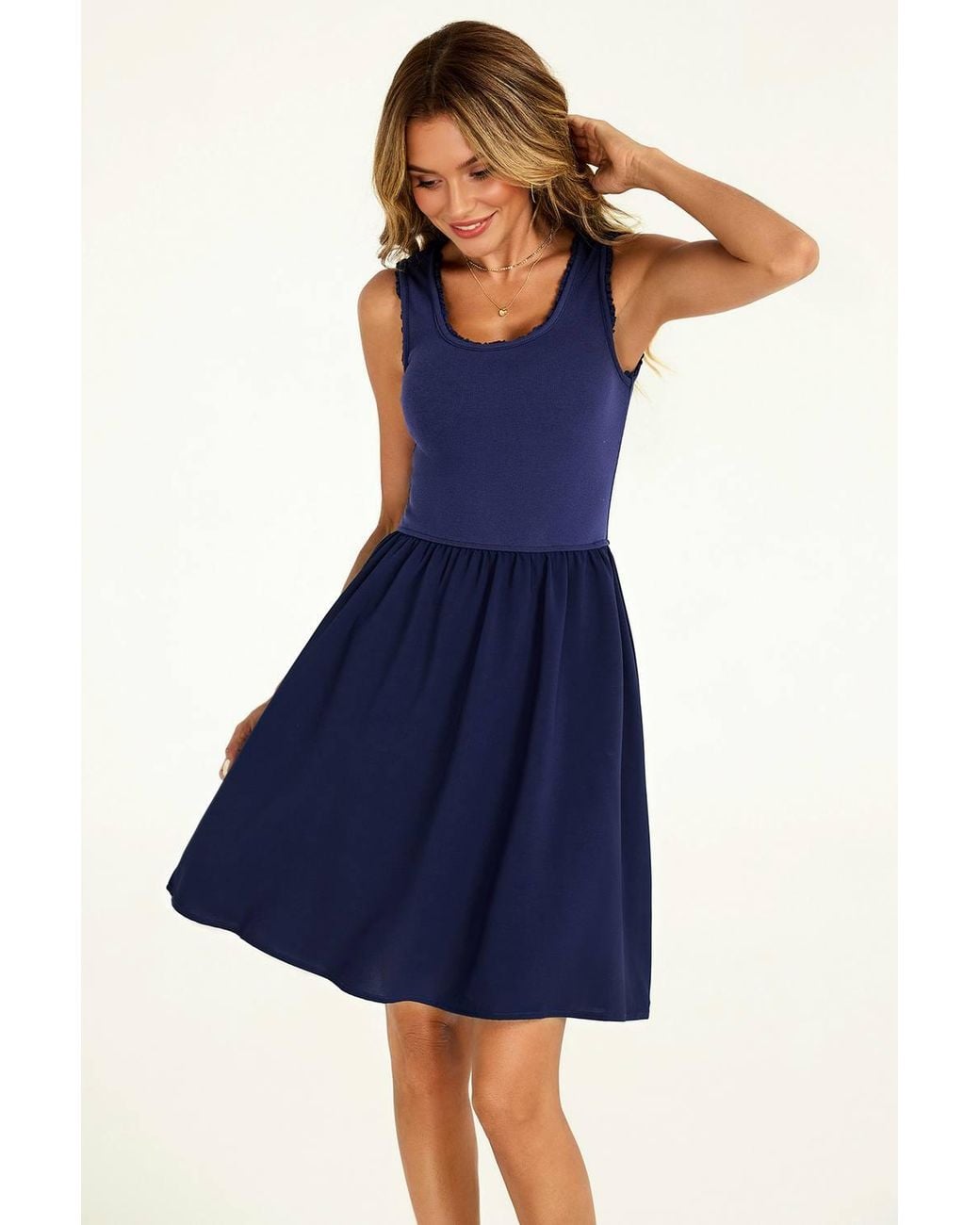 FS Collection Blue Jersey Bodice Cotton Skirt Sleeveless Mini Dress