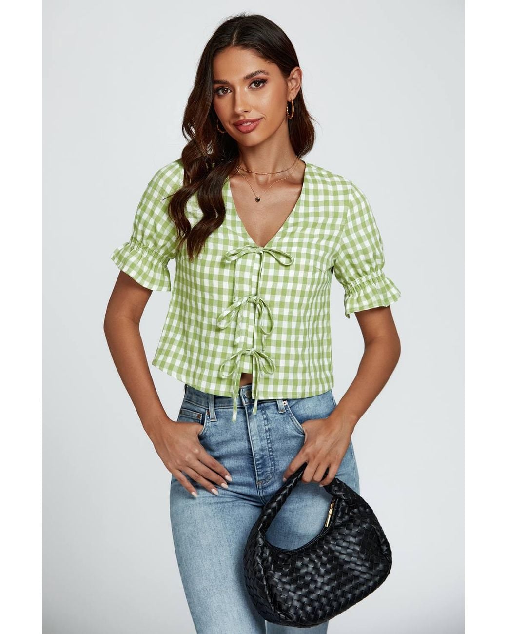 FS Collection Green Check Print Tie Front Top