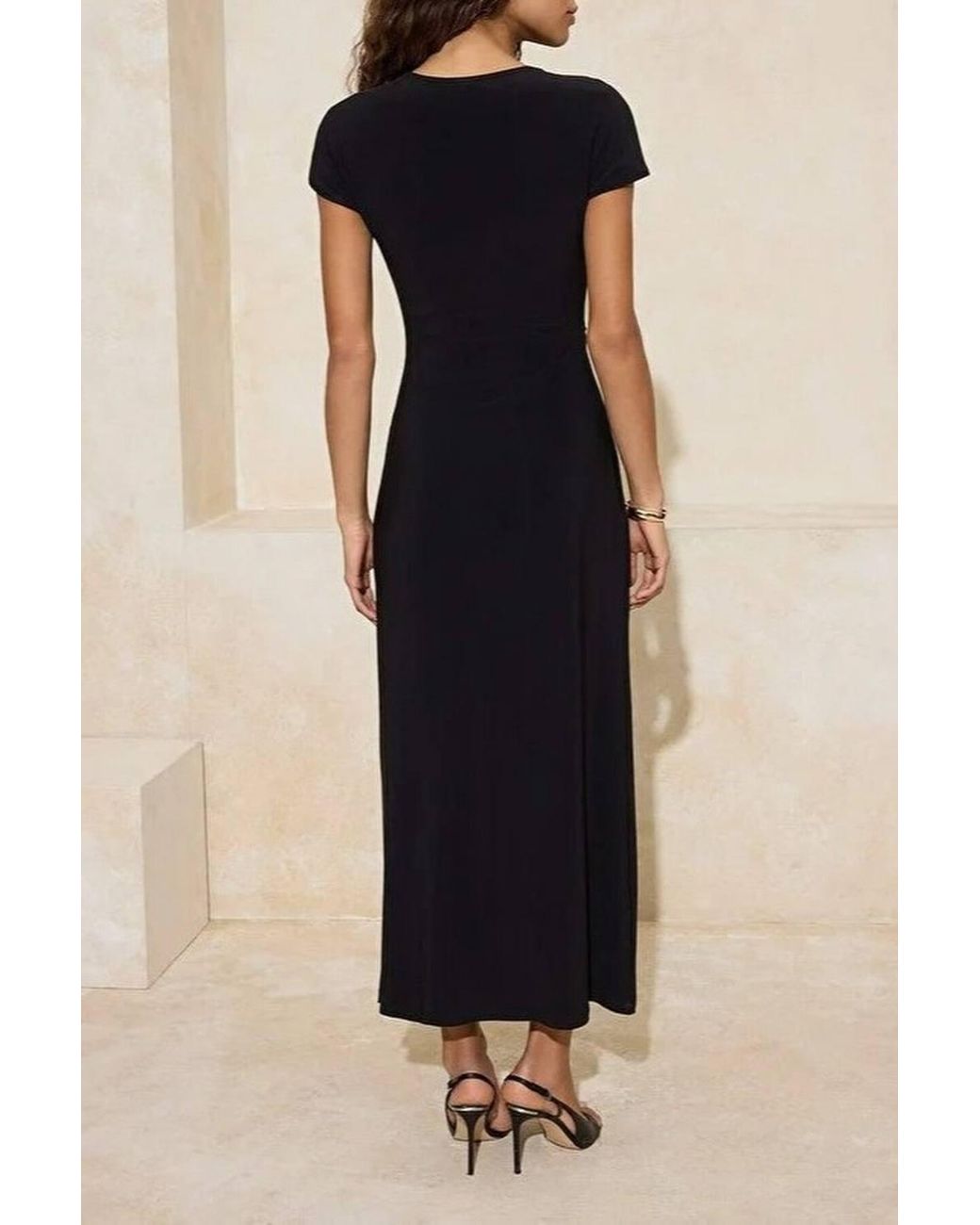 WOVCOR Natural Cowl Neck Ruched Hardware Detail Stretch Knit Maxi Dress