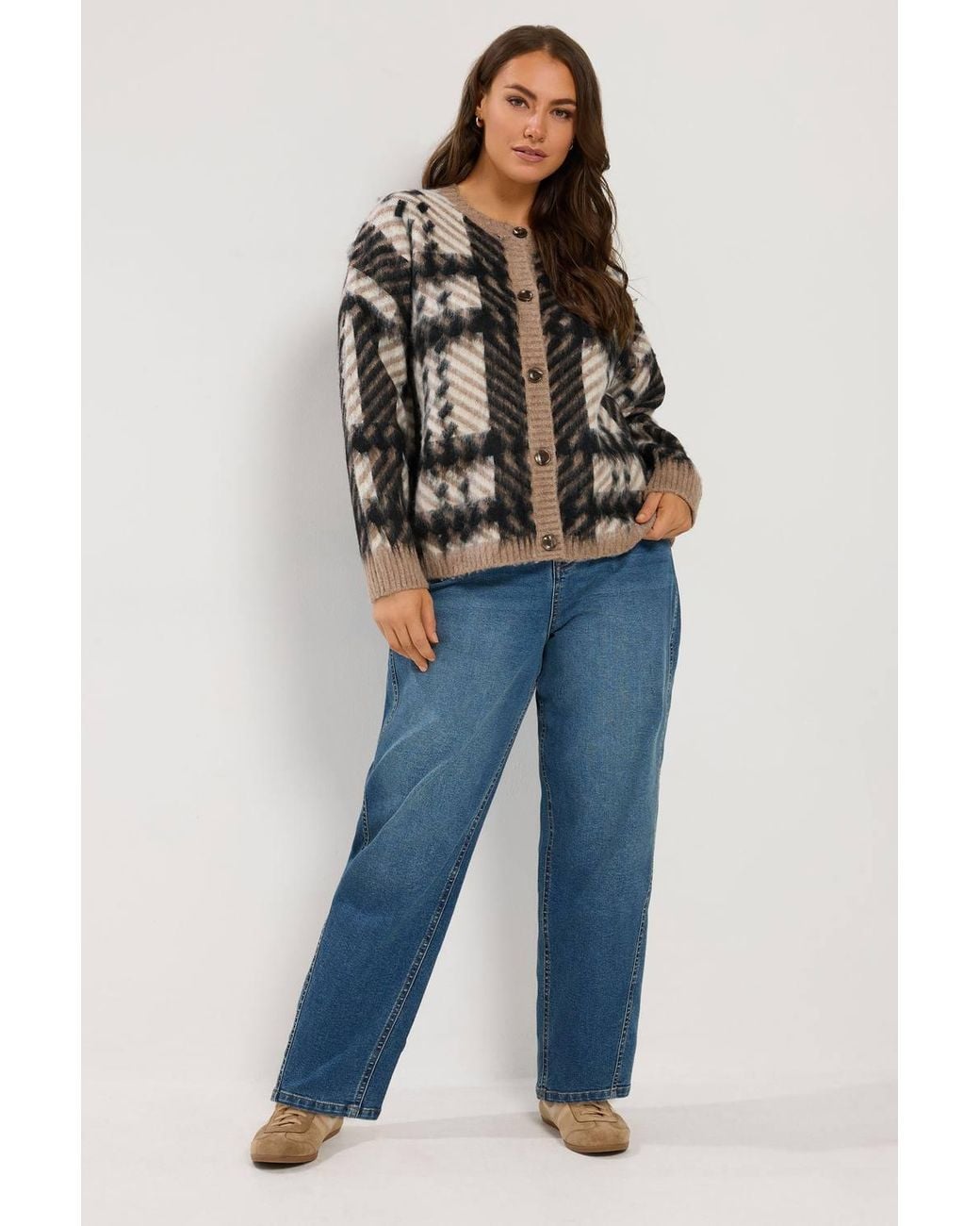 Yours Brown Check Crew Neck Cardigan