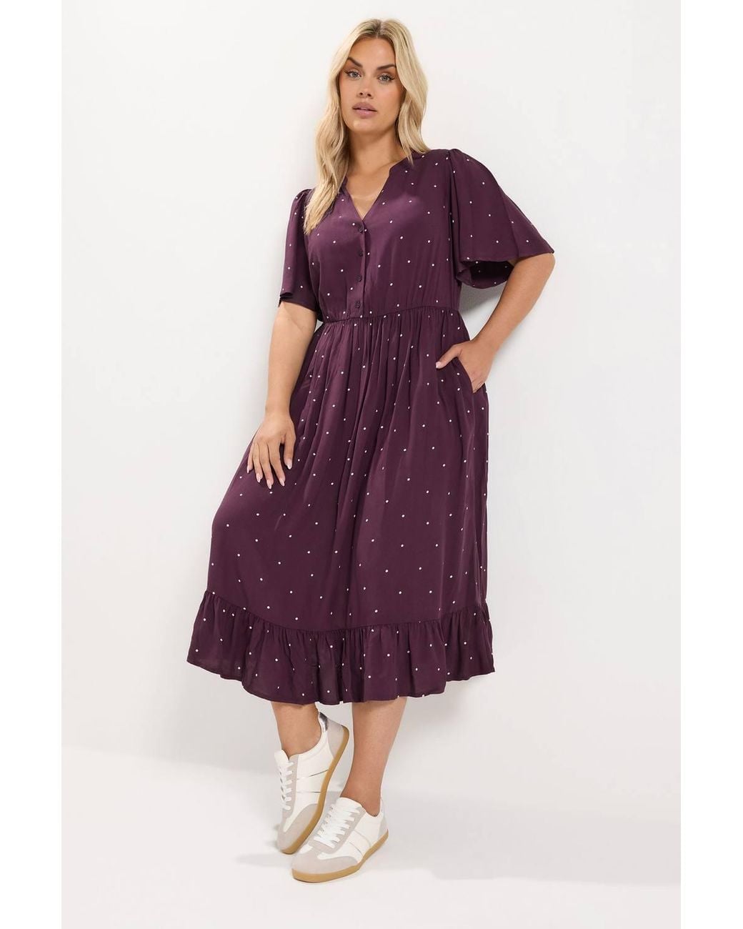Yours Purple Polka Dot Half-Placket Midi Dress