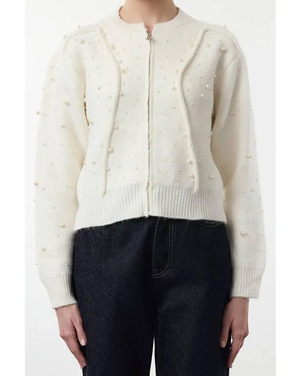 WOVCOR White Textured Knit Zipper Cardigan W/ Stone Embellishment