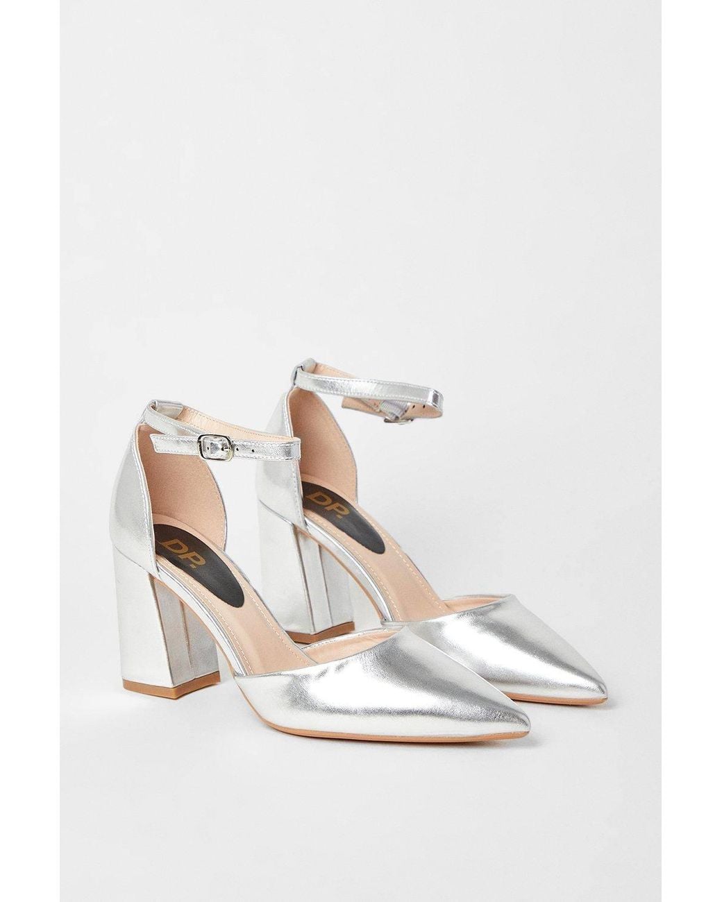 Dorothy Perkins Blue Blanche Ankle Strap Pointed High Block Heel Court Shoes