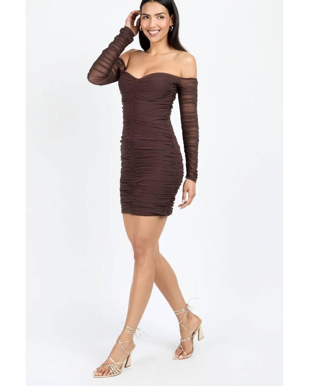 Little Mistress Brown Chocolate Mesh Ruched Bardot Mini Dress