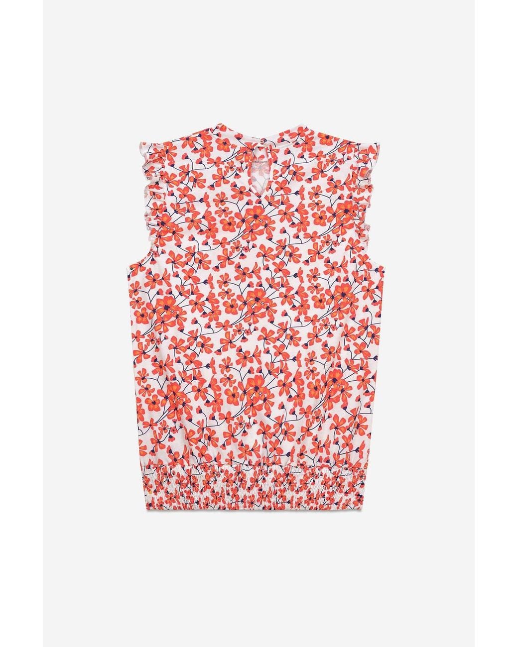 Enorsia Pink Floral Printed Smocked Hem Frill Top