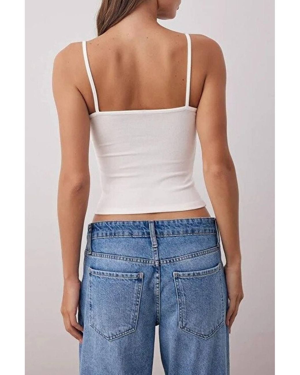 WOVCOR Blue Strappy Frill Detail Fitted Sleeveless Ribbed Top