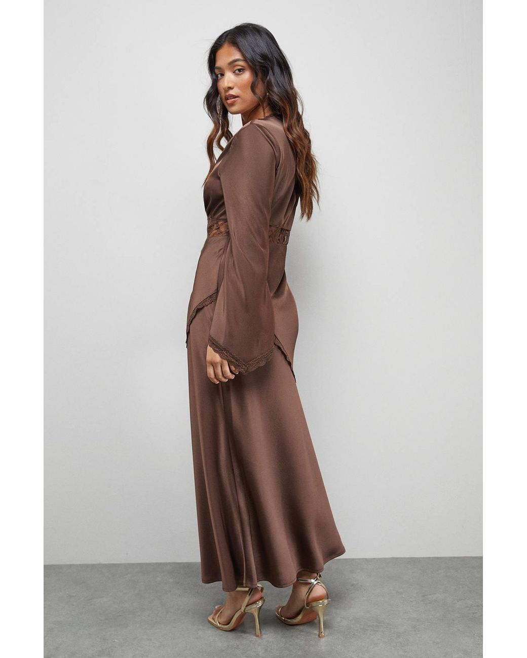 Warehouse Brown Petite Satin Lace Insert Flute Sleeve Midi Dress