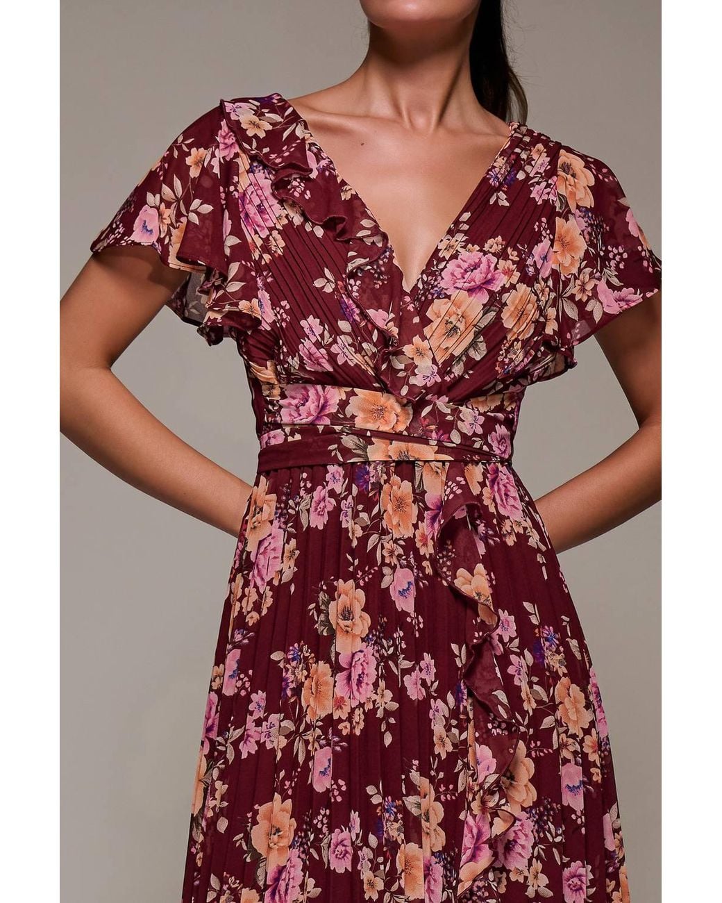 Jolie Moi Red Printed Ruffle Detail Pleated Chiffon Midi Dress