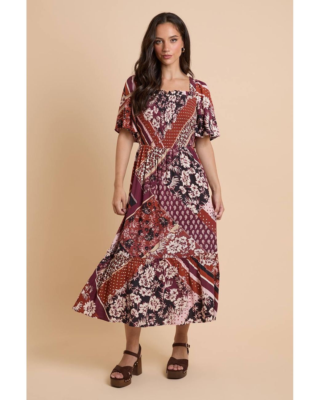 Dorothy Perkins Pink Patchwork Shirred Bodice Flutter Sleeve Midi Dress