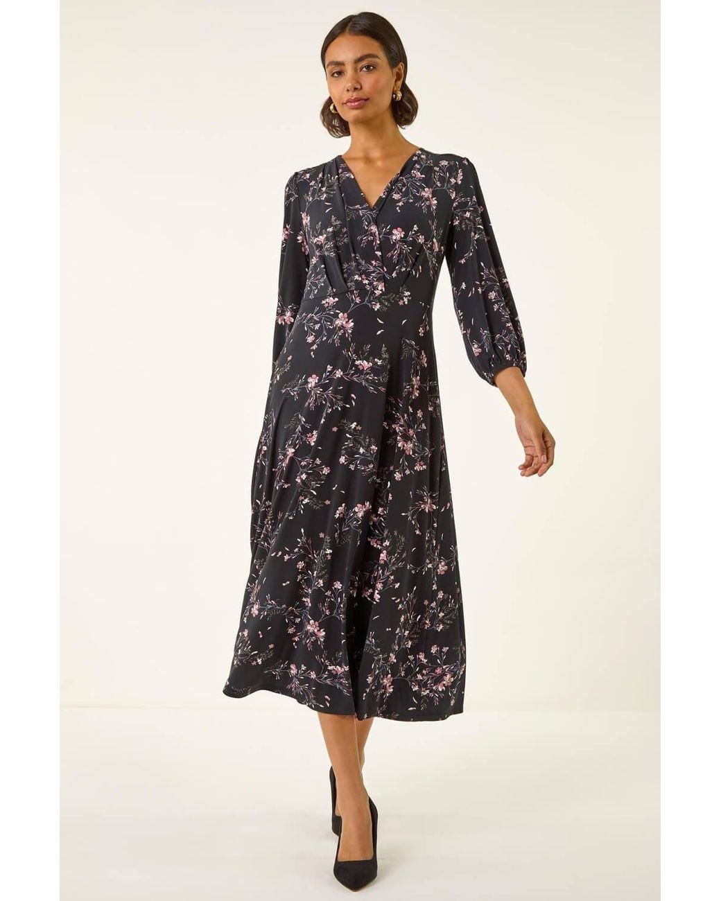 Roman Black Floral Print Stretch Midi Dress