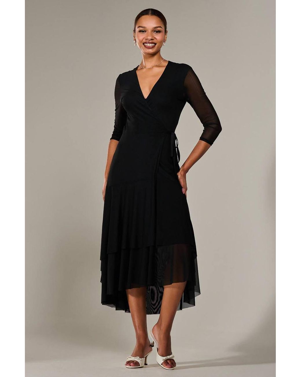 Jolie Moi Black Mesh Wrap Midaxi Dress