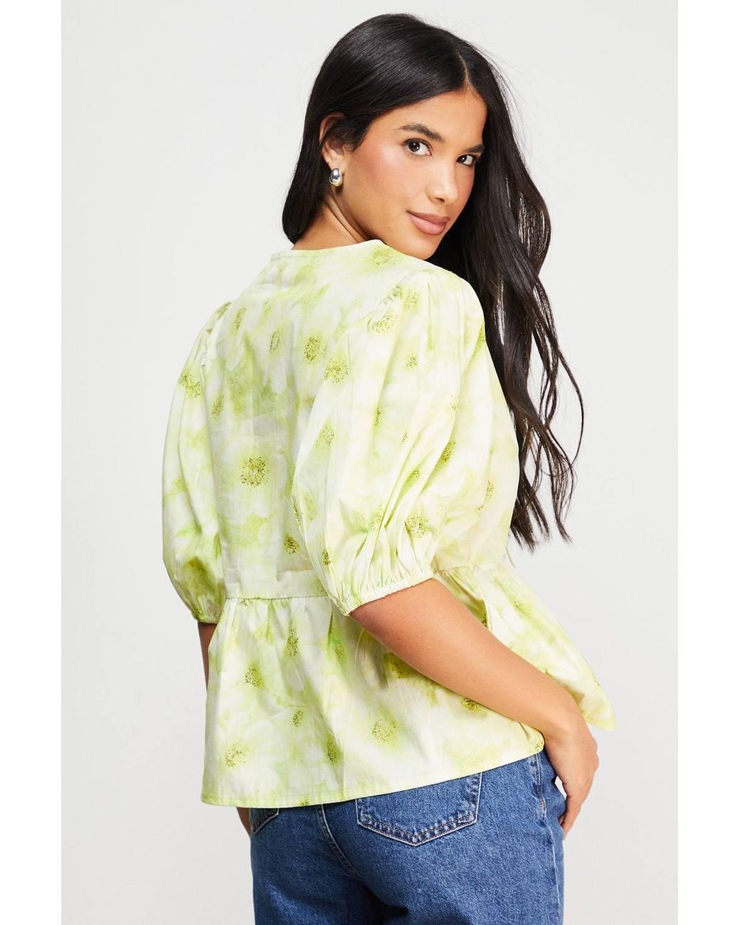 Warehouse Green Print Poplin Tie Front Volume Sleeve Blouse