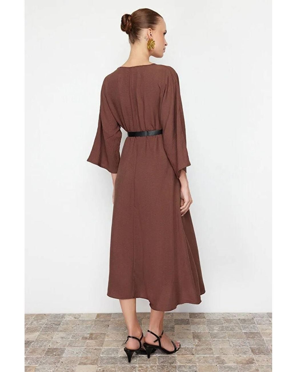 WOVCOR Brown Belted A-Line Wrap Collar Batwing Sleeve Midi Dress