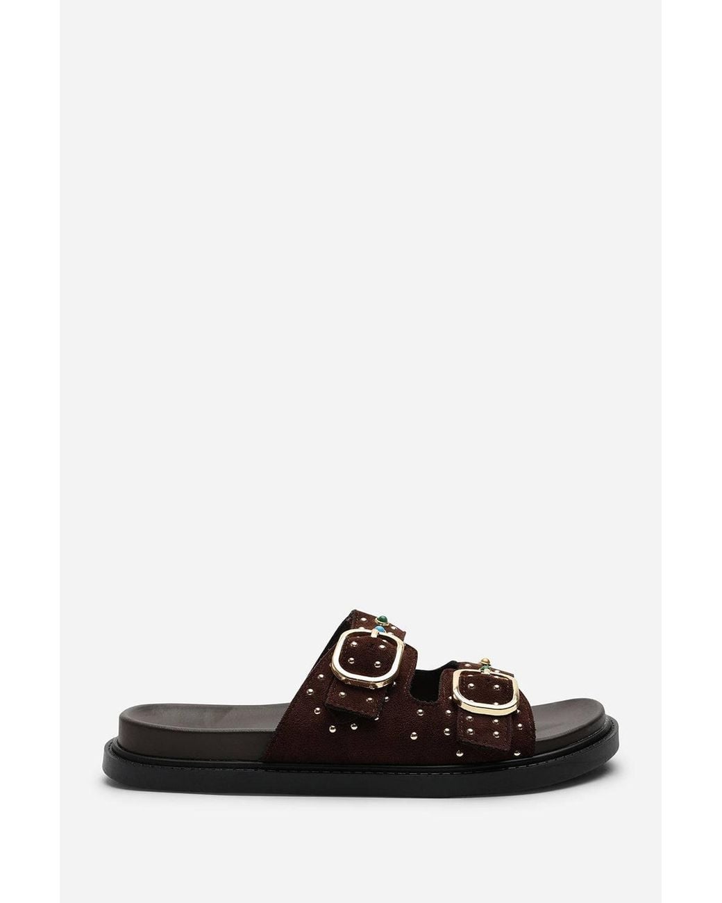 Where's That From Black Ceylon Diamante Stud Double Buckle Suede Slide On Sandal