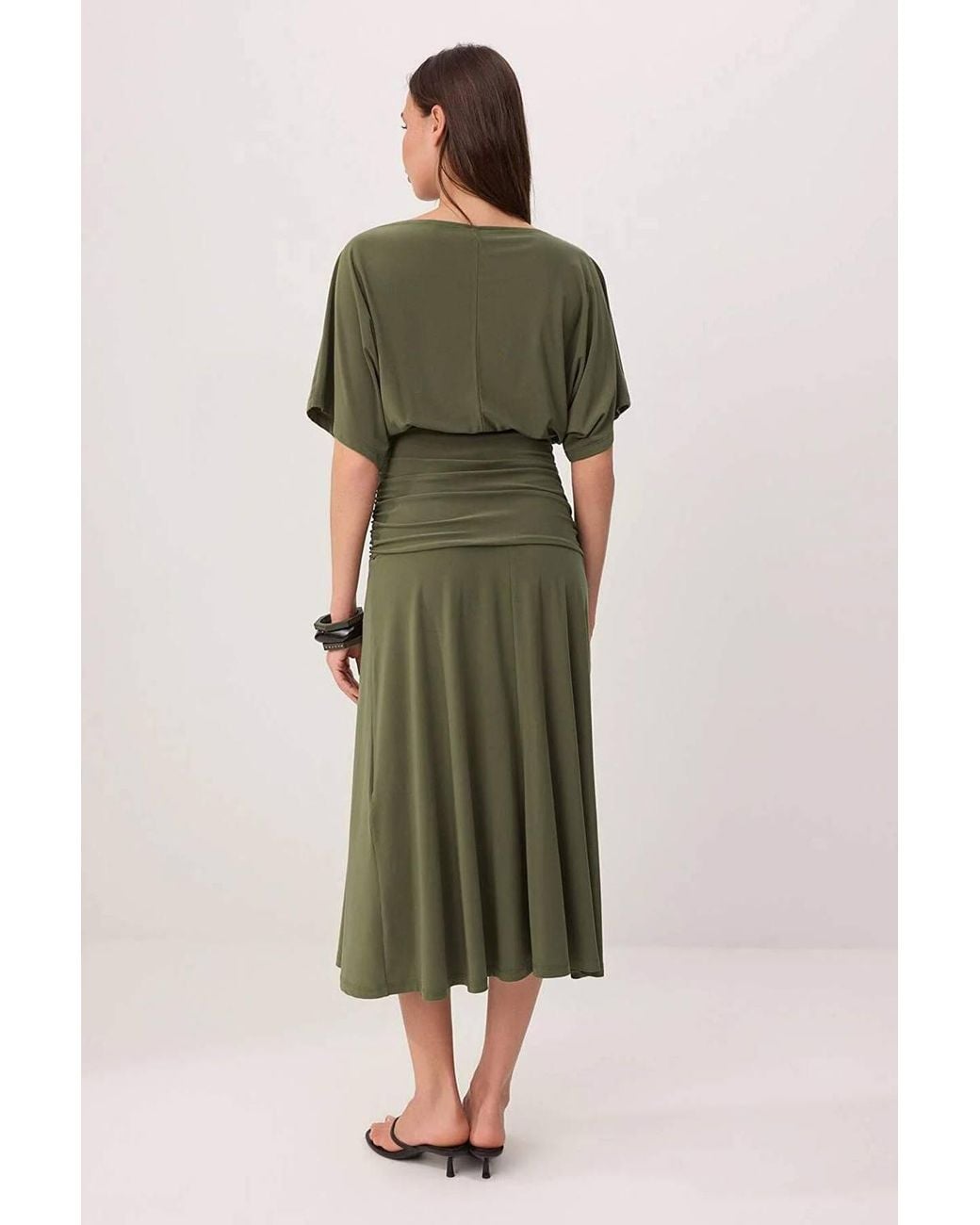 WOVCOR Green Boat Neck Batwing Sleeve Short Sleeve Skater Maxi Dress