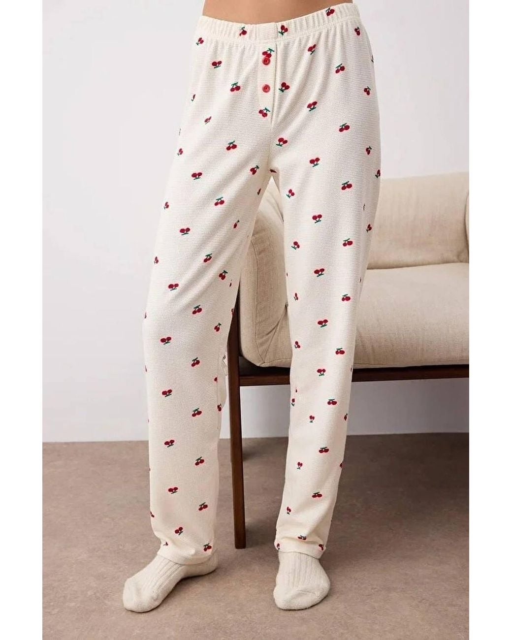 WOVCOR Natural Cherry Embroidered Zip Neck Long Sleeve Waffle Knit Pyjama Set