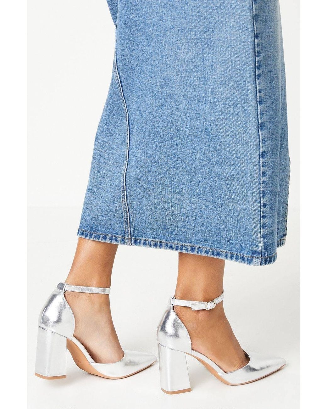 Dorothy Perkins Blue Blanche Ankle Strap Pointed High Block Heel Court Shoes