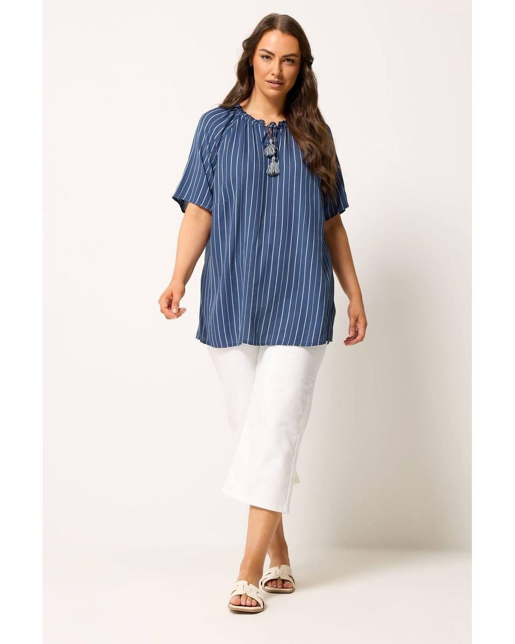Yours Blue Stripe Notch Neck Embroidered Blouse