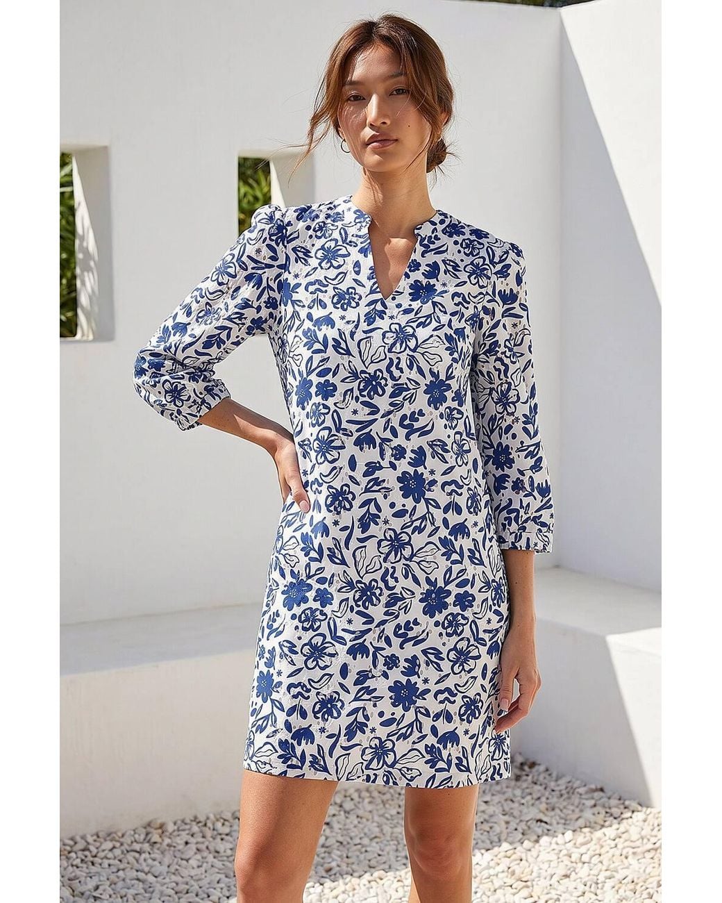 Roman Blue Floral Print V-Neck Shirt Dress