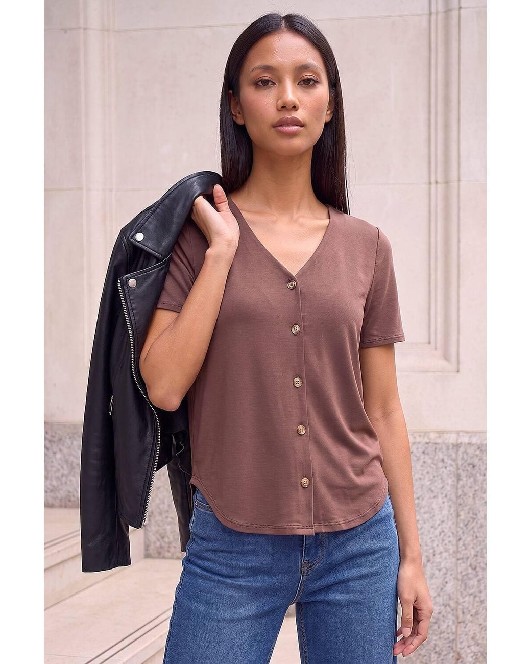 Roman Blue Petite V-Neck Buttoned Blouse