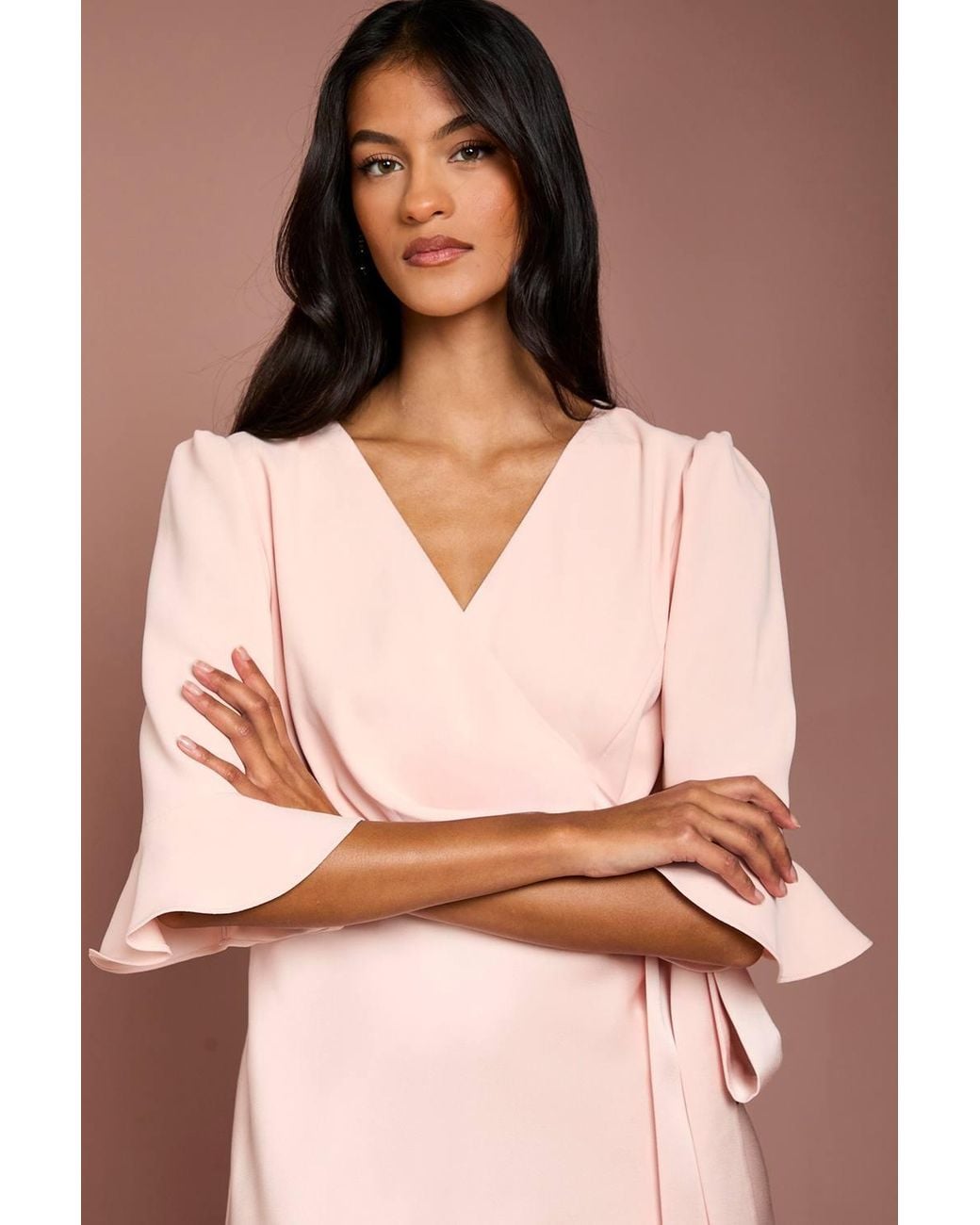 Coast Pink Petite Ruffle Sleeve Satin Back Crepe Wrap Dress