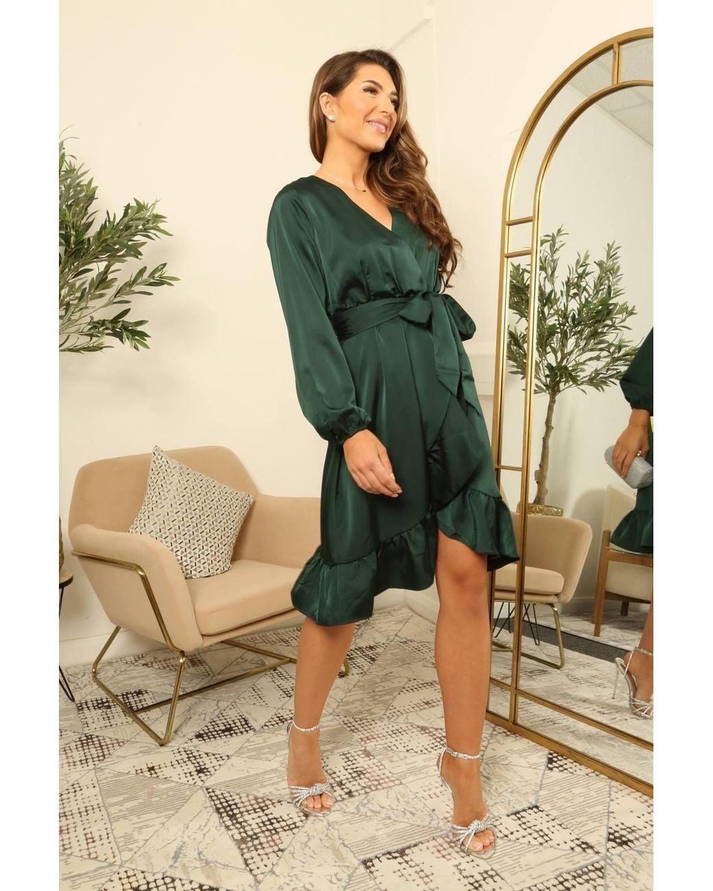 Double Second Green Frill Satin Wrap Dress