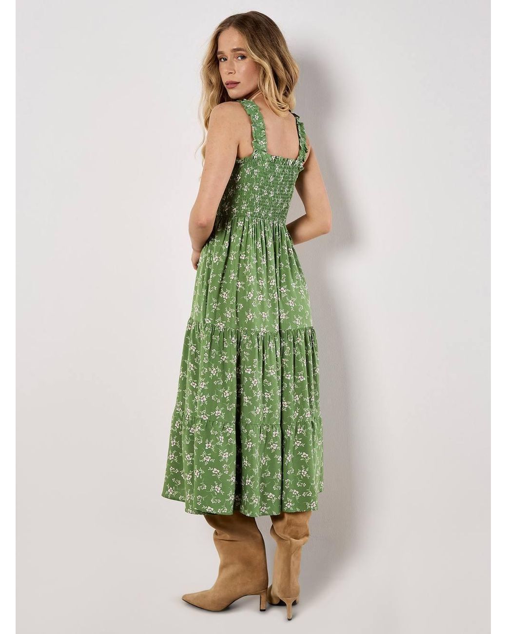 Apricot Green Orchid Print Smocked Midi Dress