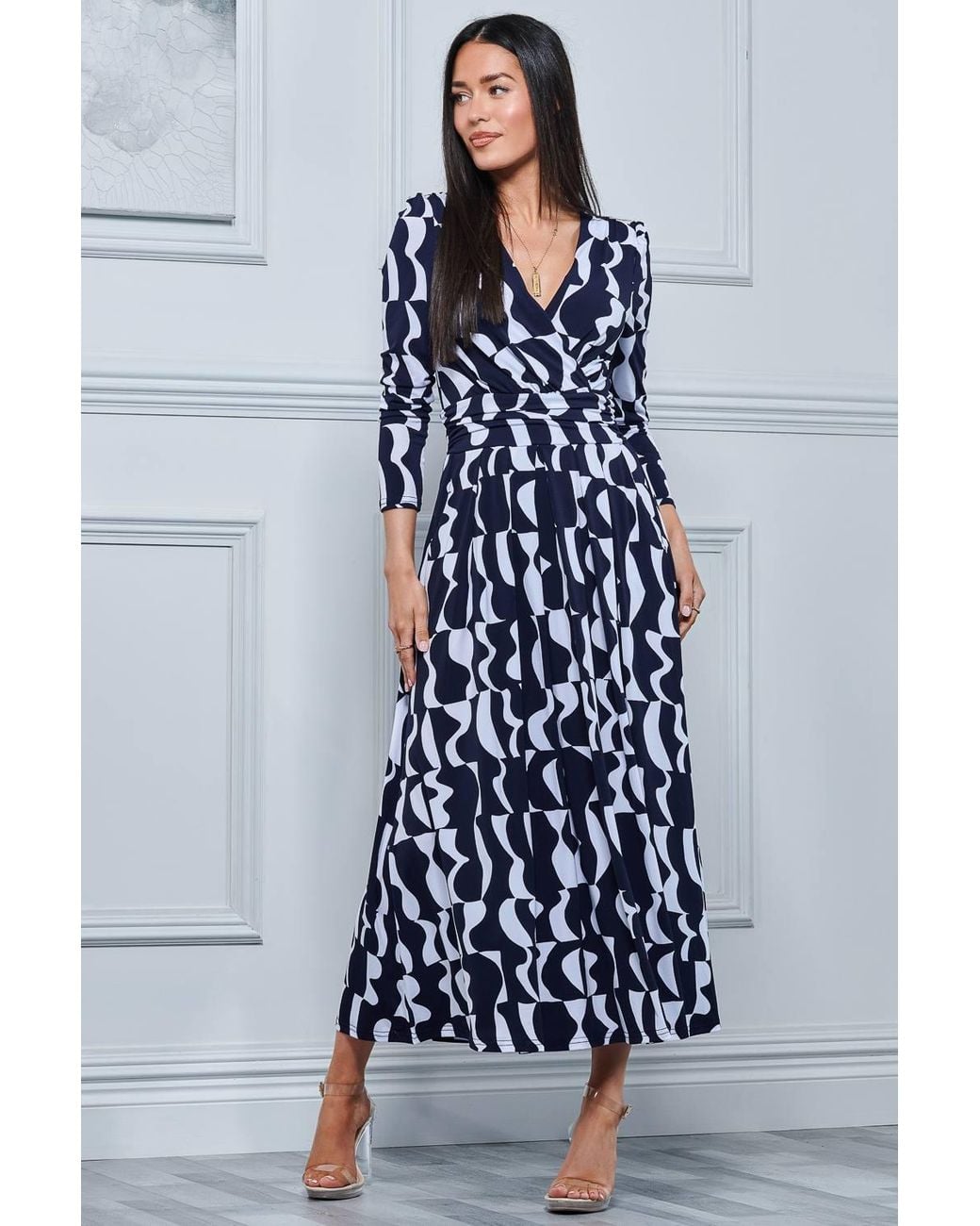 Jolie Moi Blue Geometric Print Long Sleeve Maxi Dress