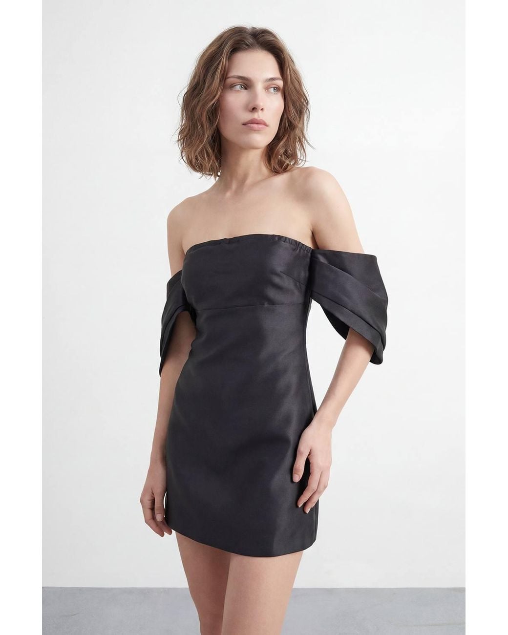 Warehouse Blue Petite Structured Puff Sleeve Bardot Mini Dress