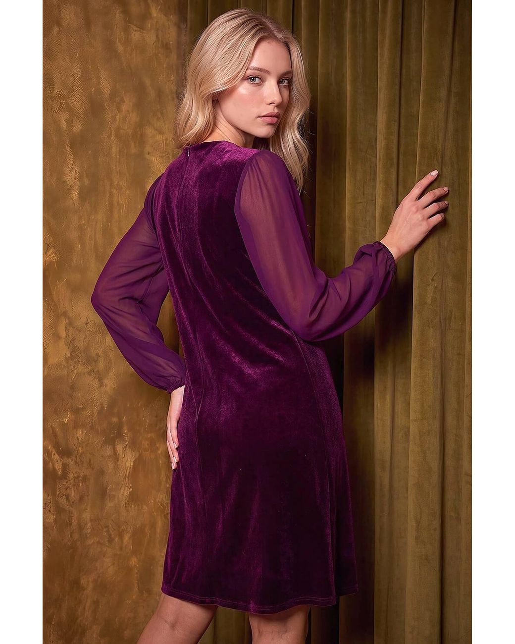 Roman Purple Petite Contrast Sleeve Velvet Dress
