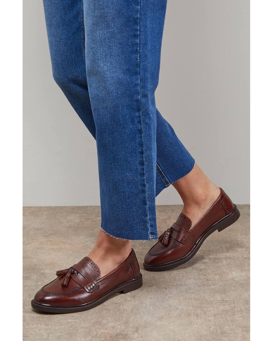 Oasis Blue Bunny Real Leather Brogue Detail Tassel Loafers
