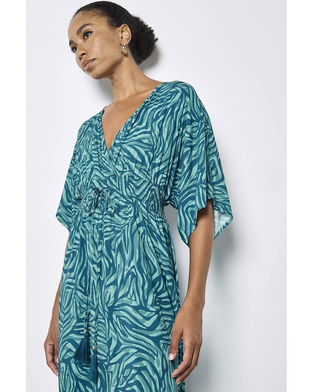 Apricot Blue Zebra Print Kimono Midi Dress