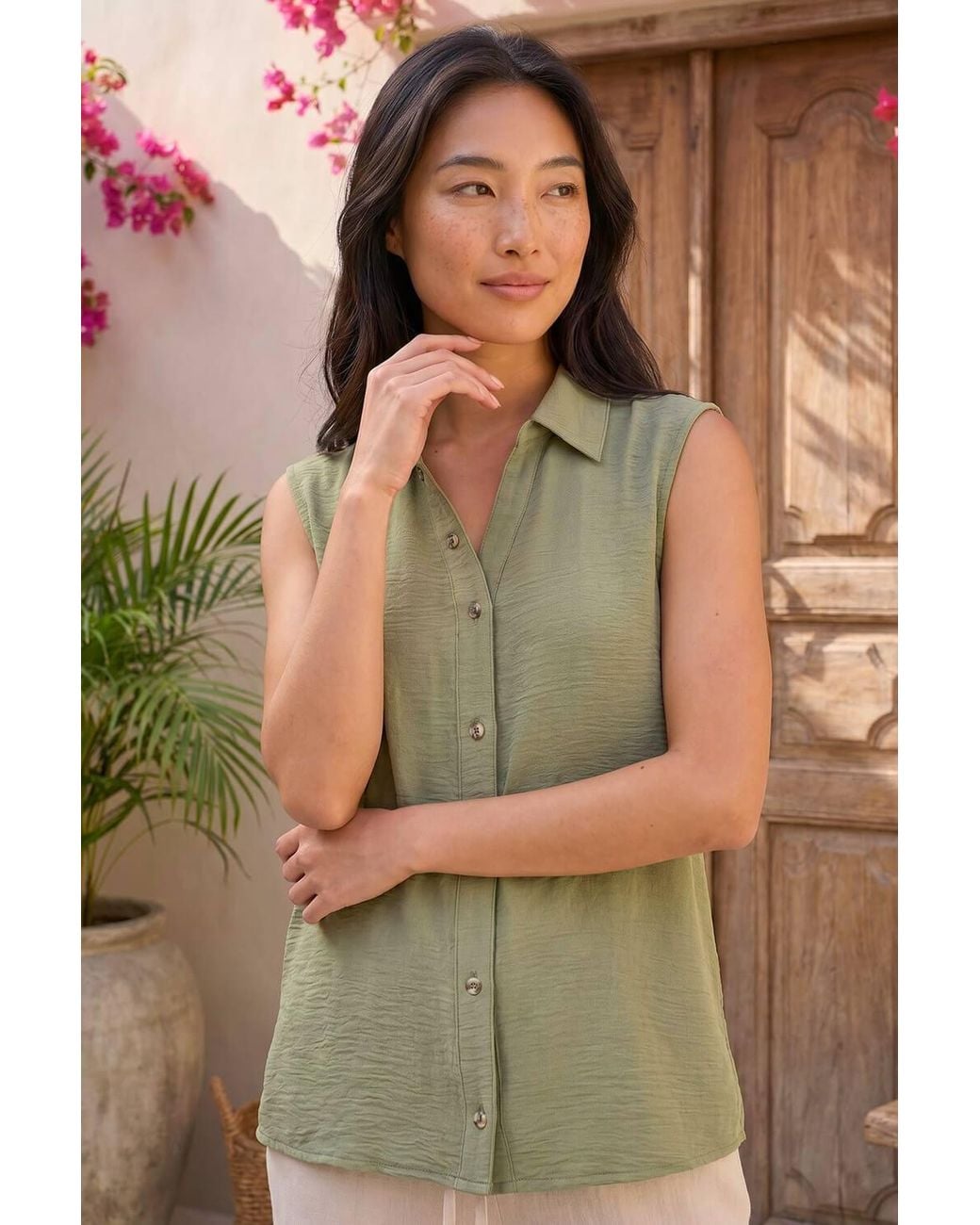 Roman Green Petite Button Up Front Blouse