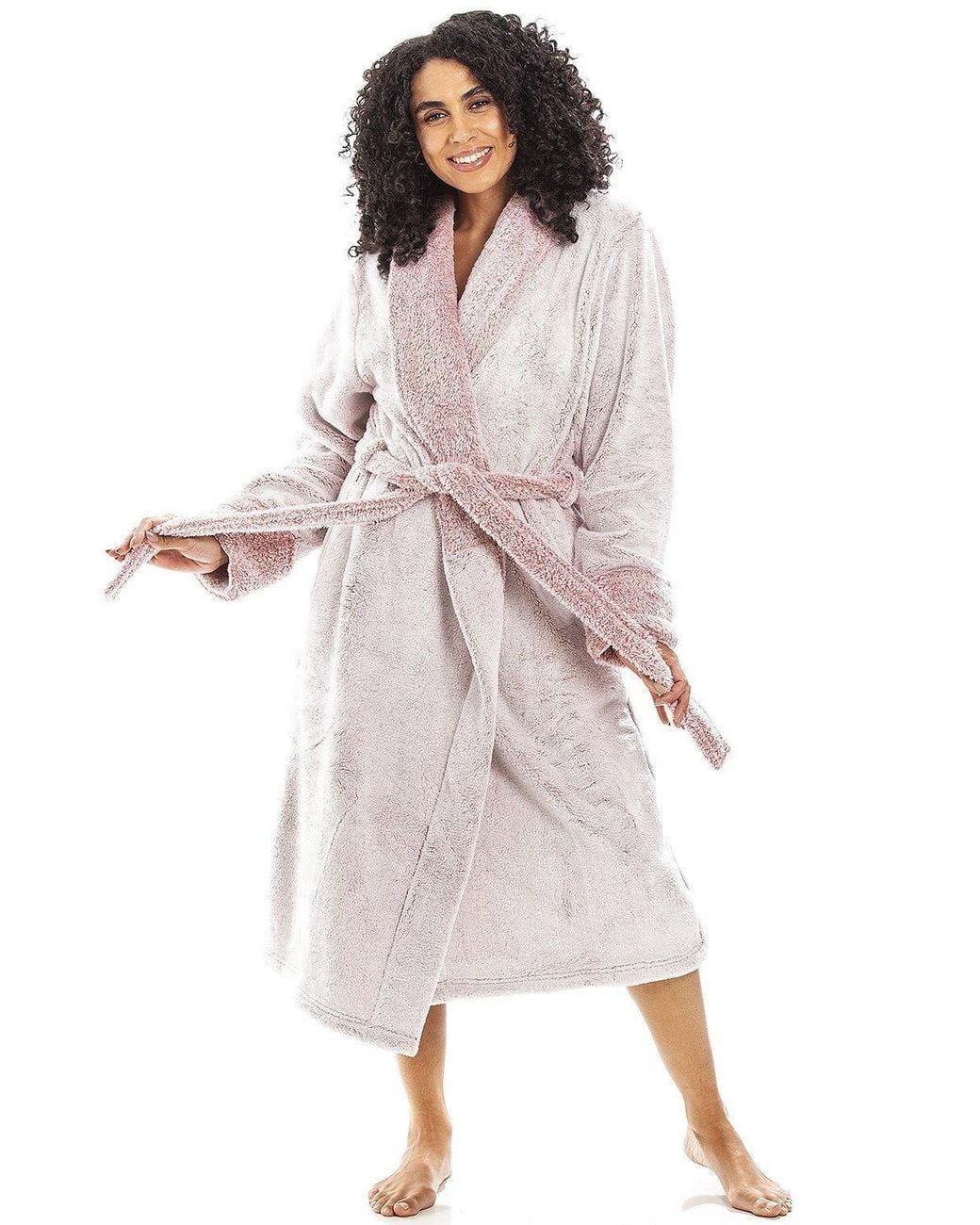 CAMILLE Pink Deep Pile Fluffy Bathrobe W/ Reverse Collar & Cuffs