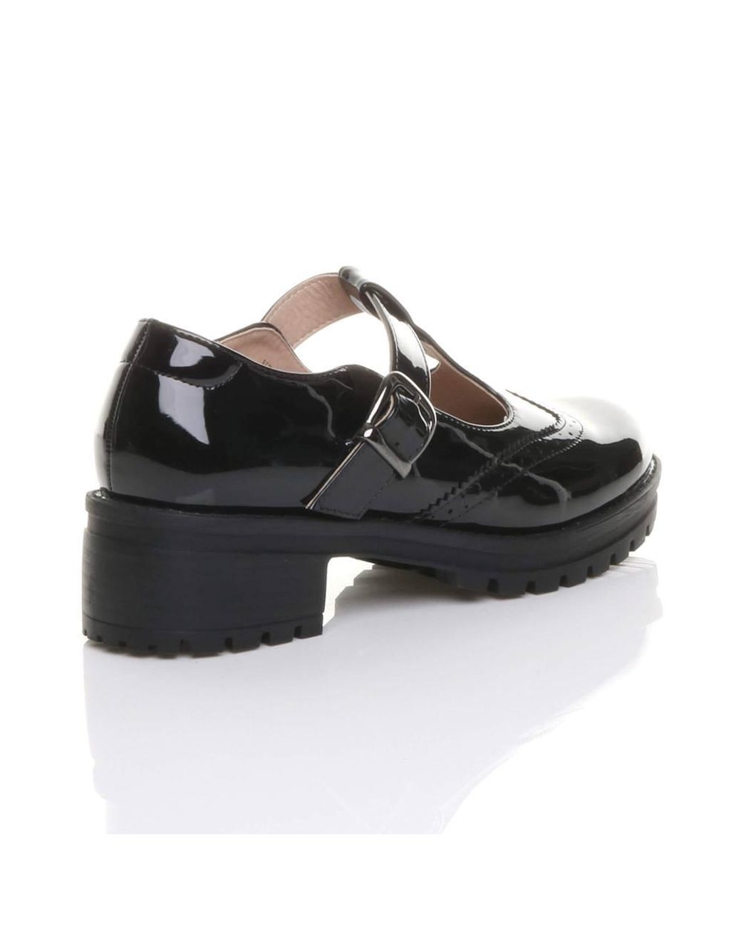 AJVANI Black Mid Heel Chunky Brogues Buckled T-Bar Mary Janes
