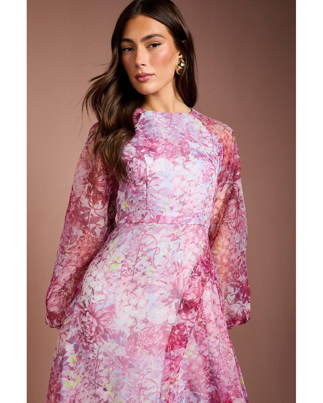 Coast Pink Organza Wrap Waist Puff Sleeve Midi Dress