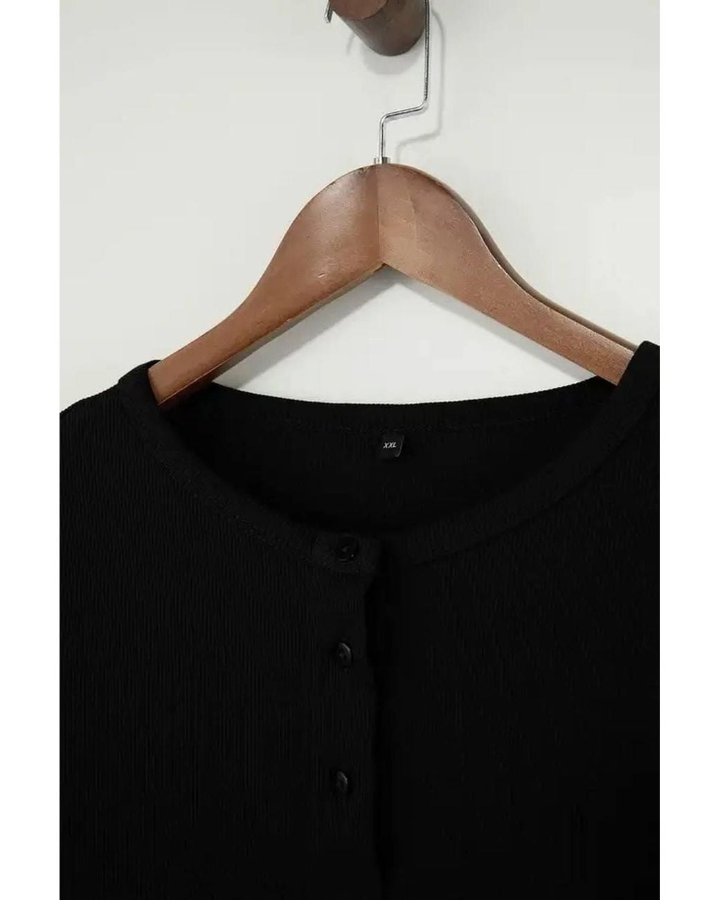 WOVCOR Black Ribbed Button Detail Short Sleeve Fitted Top