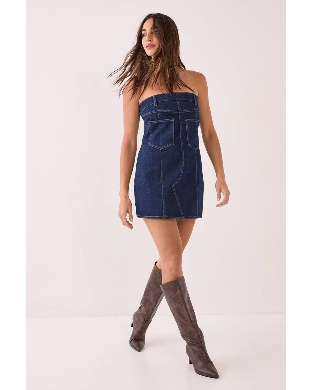 Nasty Gal Blue Bandeau Denim Pocket Mini Dress