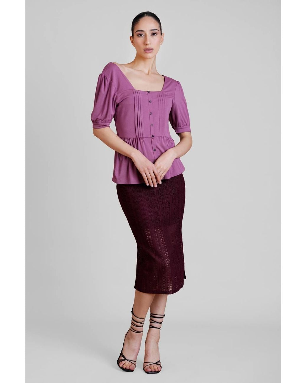 Enorsia Purple Puff Sleeve Squared Neck Top