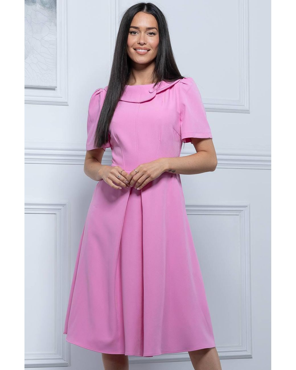 Jolie Moi Pink Debora Button Neck Dress
