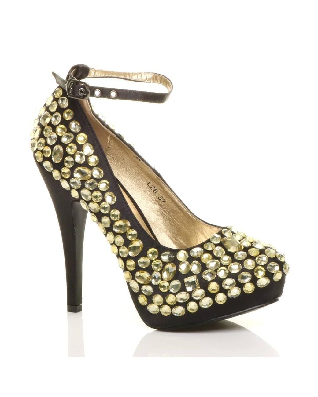AJVANI Metallic High Heel Ankle Strap Gem Court Shoes