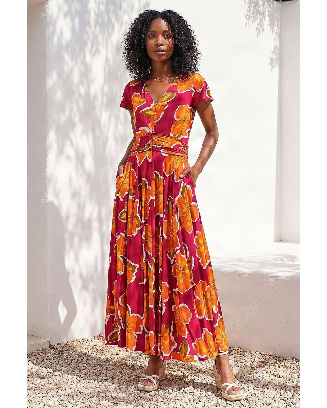 Roman Red Floral Print Ruched Midi Dress