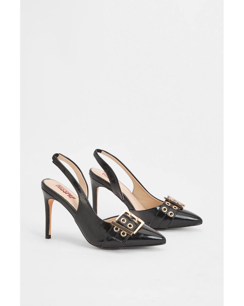 MissPap Black Faux Leather Double Strap Buckle Stiletto Heeled Court Shoes