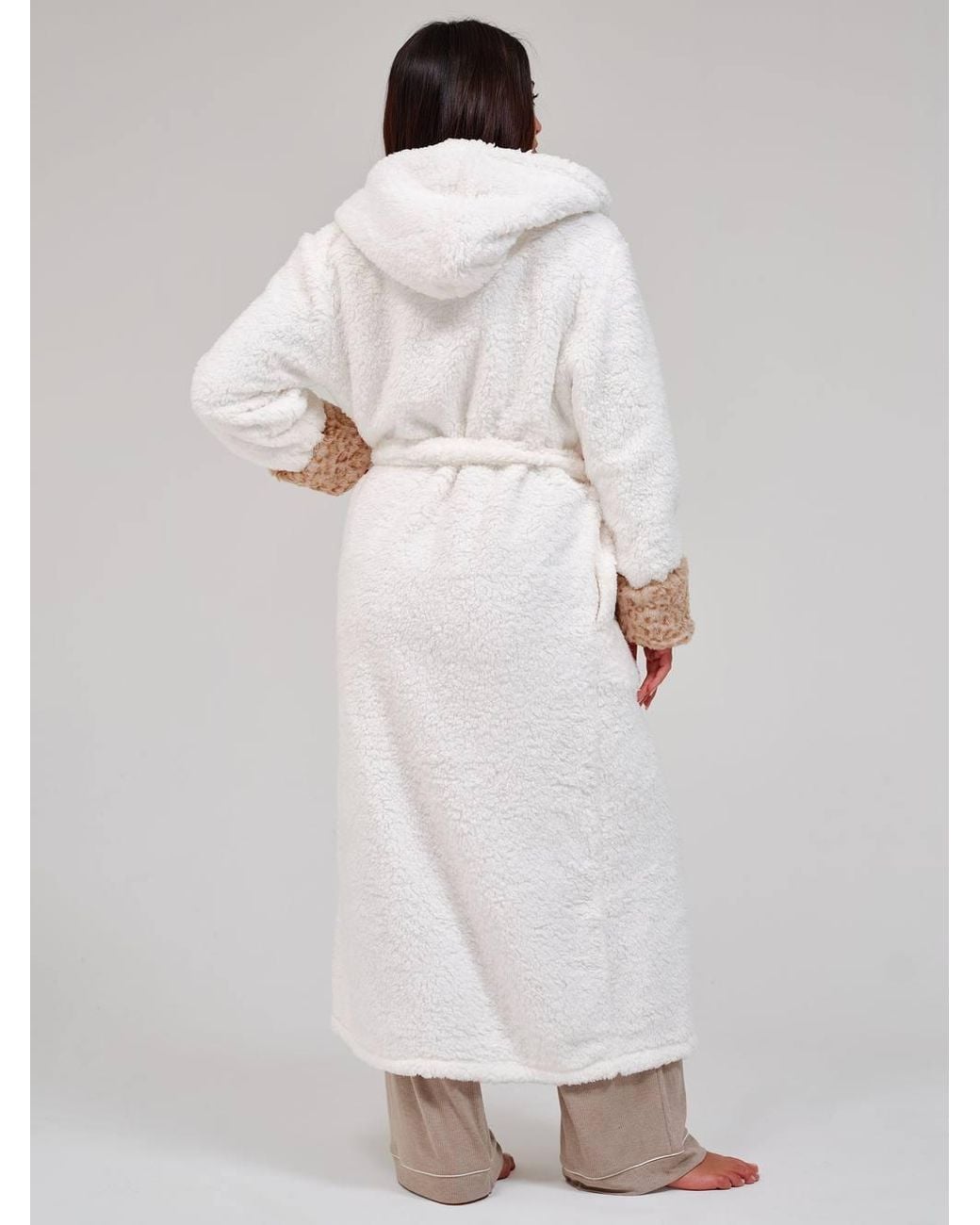Loungeable Natural Leopard Faux Fur Trim Maxi Dressing Gown