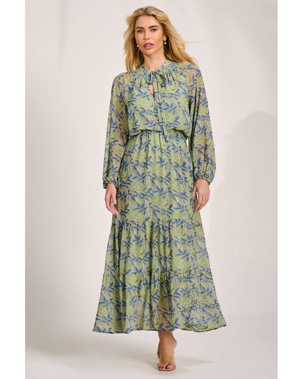 Jolie Moi Green Chiffon Long Sleeve Tiered Maxi Dress
