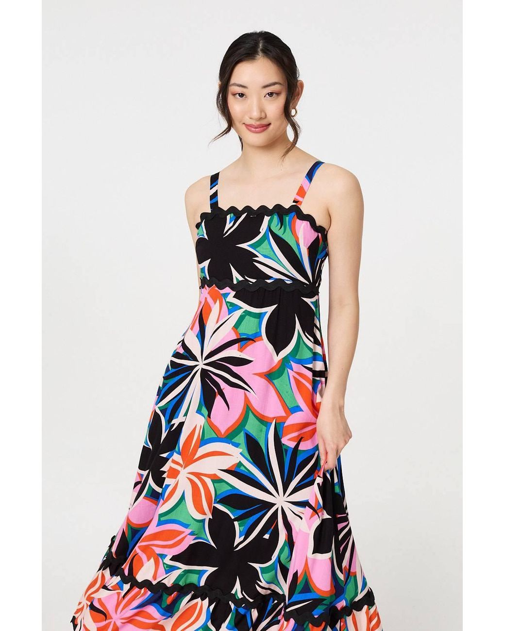 Izabel London Pink Floral Wave Trim Sleeveless Maxi Dress