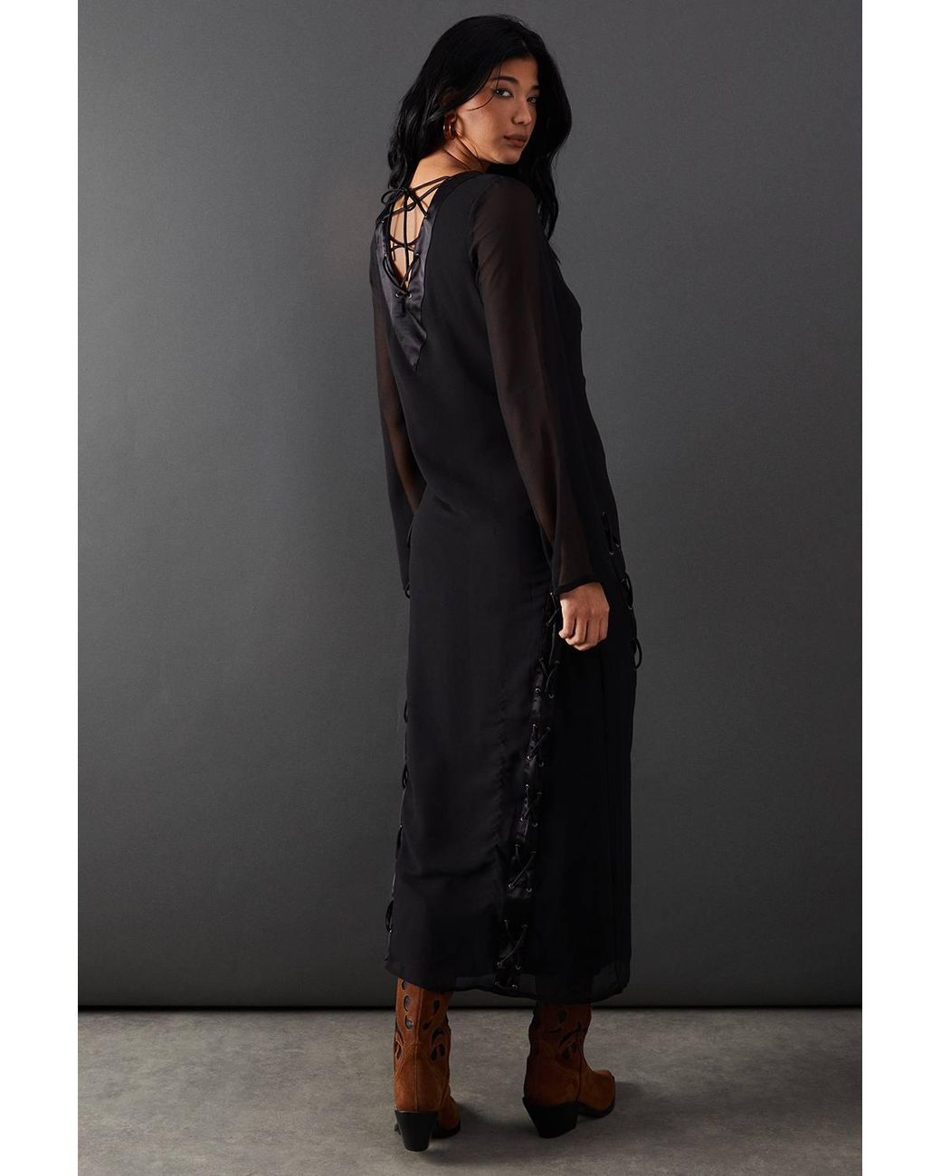 Warehouse Black Chiffon Lace Up Panelling Midi Dress