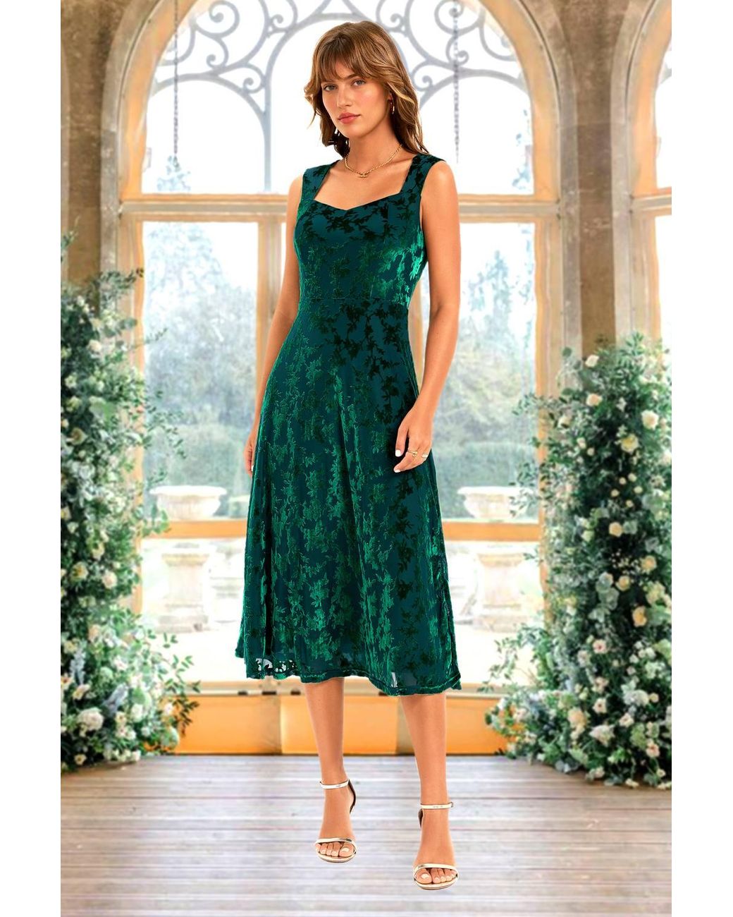 FS Collection Green Floral Velvet Devore Sweetheart Neck Midi Dress