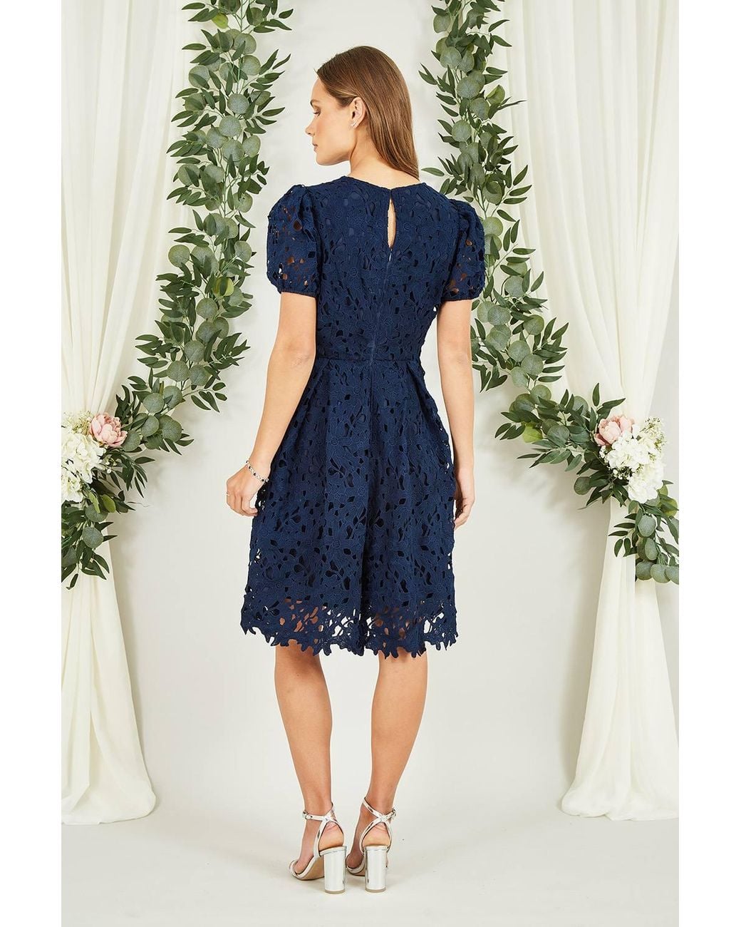 Yumi' Blue Lace Skater Dress W/ Puff Sleeves
