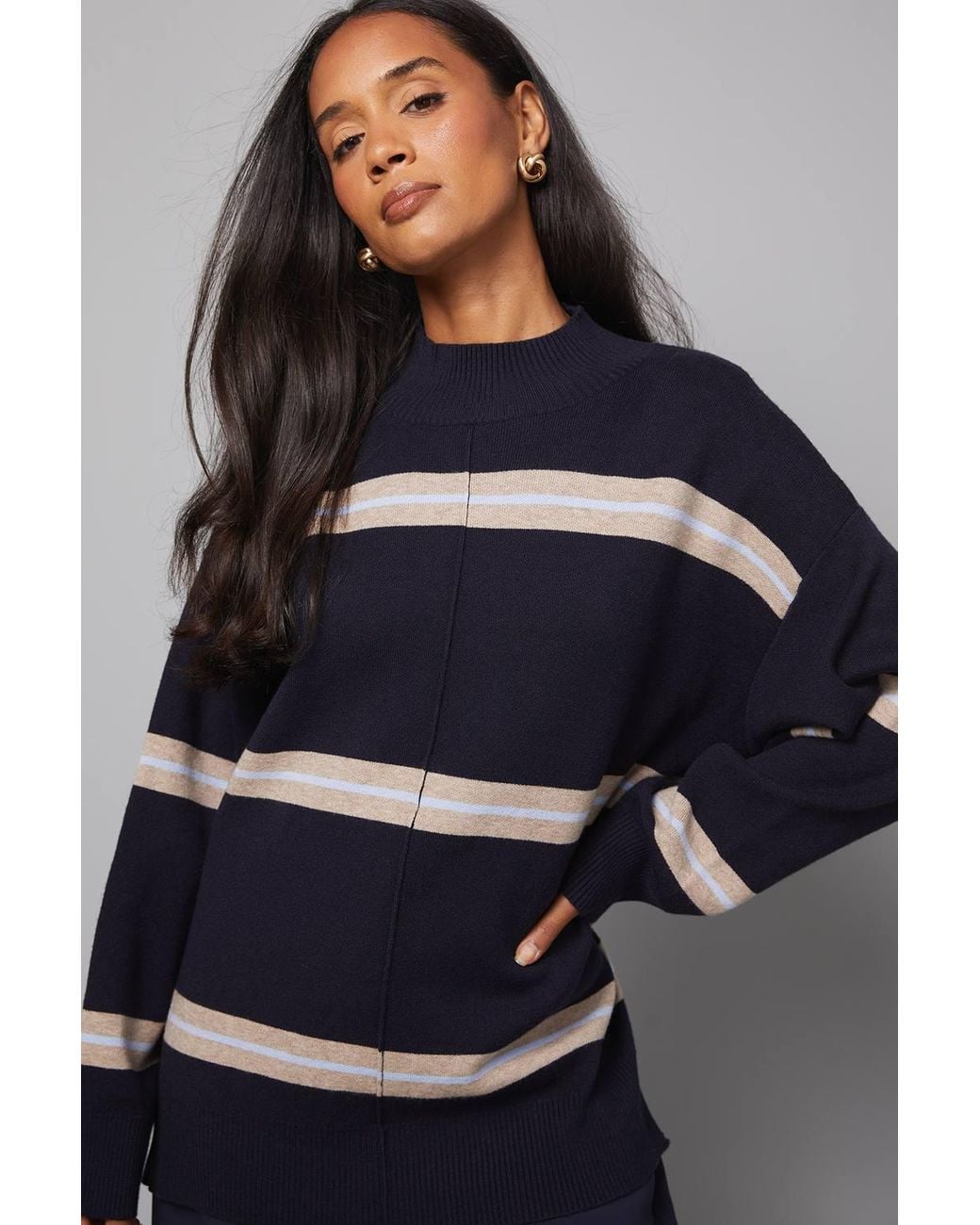 Wallis Blue Stripe Detail Funnel Neck Knitted Jumper